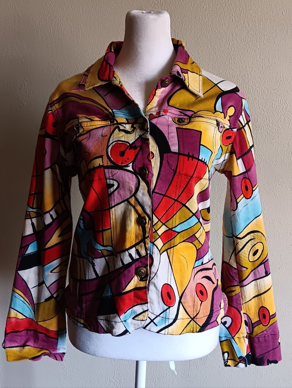 Y2K 90s Vibrant Abstract Multicolor Artsy Button Up Jacket Mirror Image Small